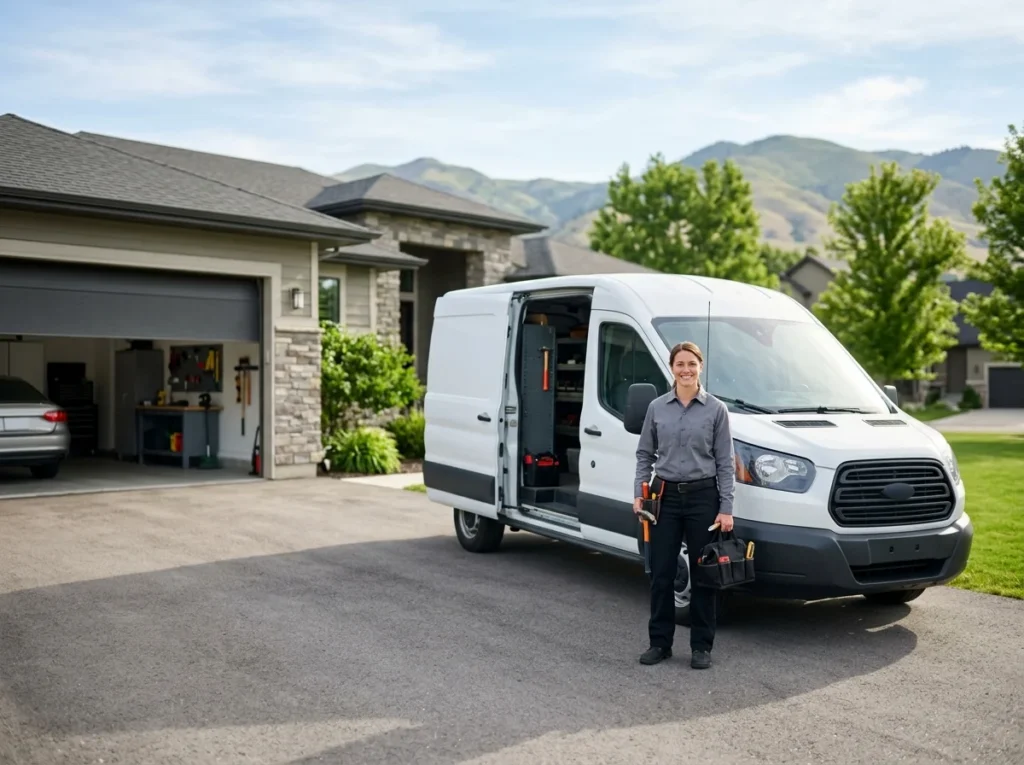 A garage door technician beside a service van in a suburban driveway, the garage door standing open behind