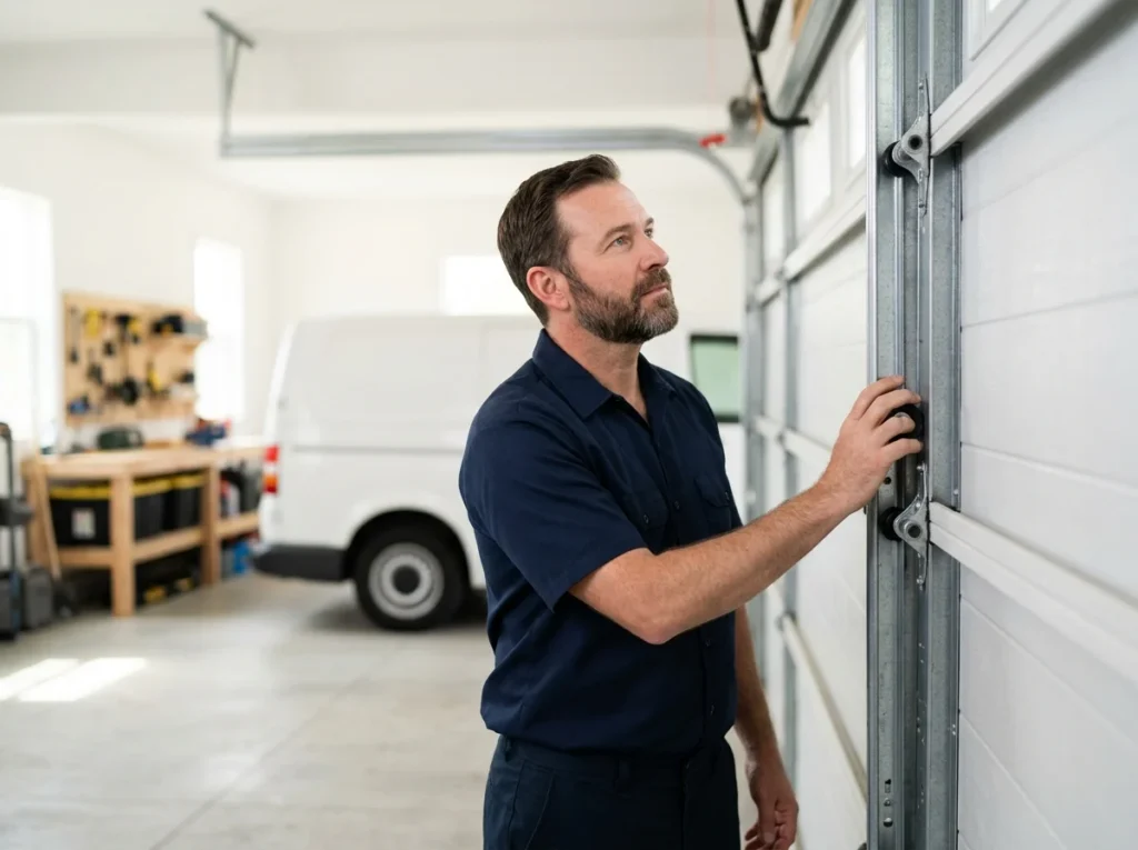 A technician with one hand on a garage door roller and track, listening as the door travels
