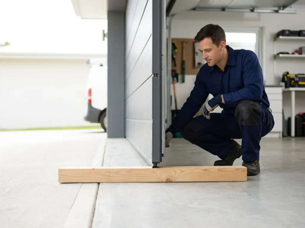 A length of timber laid flat on the floor under a closing garage door to test the safety reverse