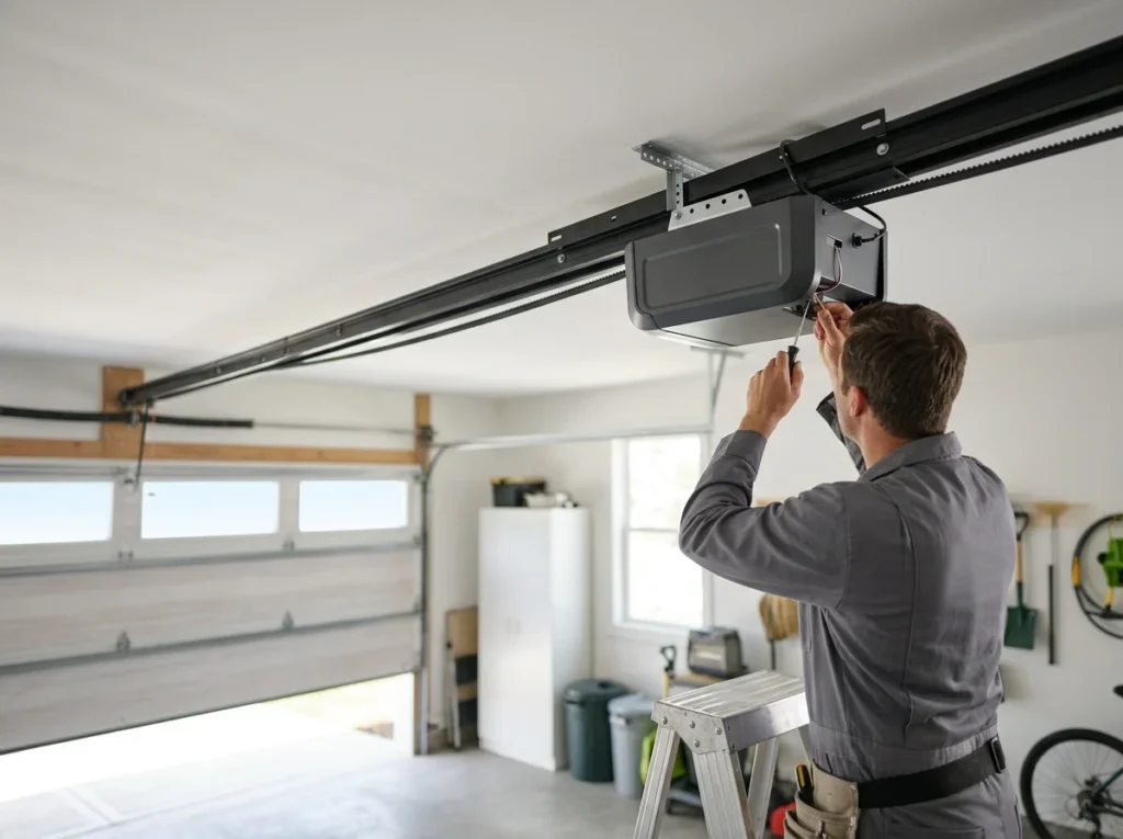 A belt drive garage door opener mounted on a garage ceiling with its rail running to the door