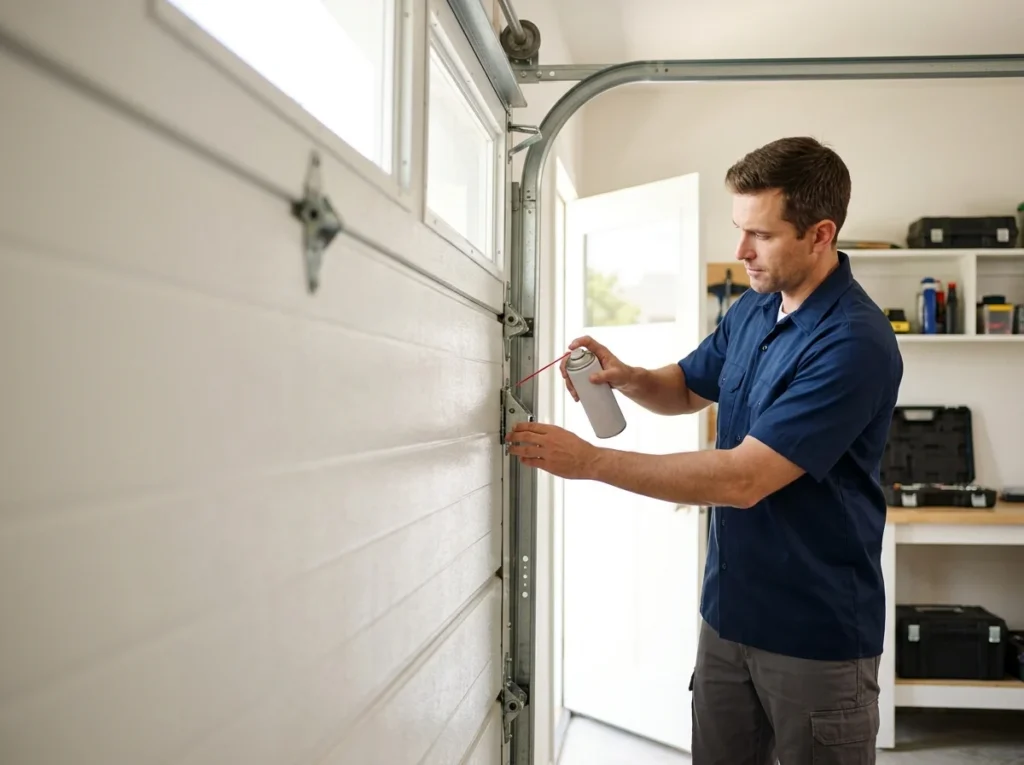 A technician lubricating the hinges and rollers of a sectional garage door during a service visit