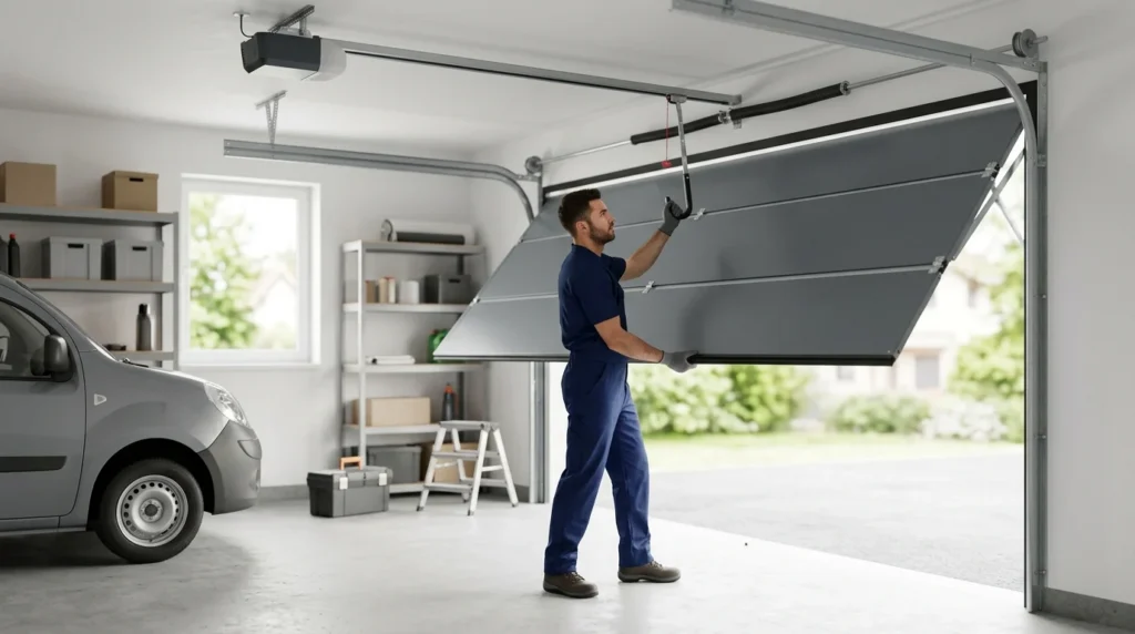 A technician lifting a garage door by hand to test its balance, the opener arm disconnected and hanging