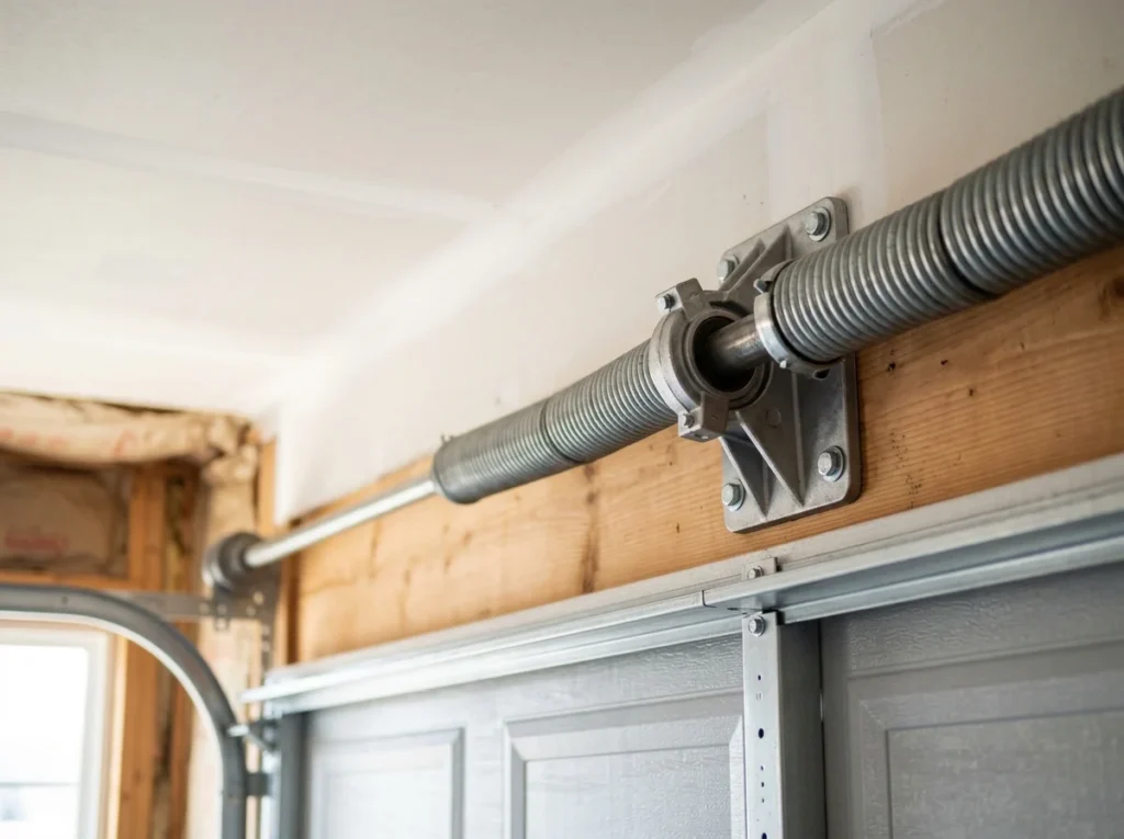 Close on a torsion spring assembly, centre bearing plate and shaft mounted above a sectional garage door