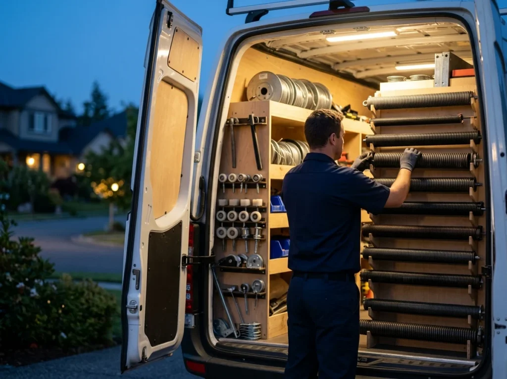 The open rear doors of a service van at dusk, racked with garage door torsion springs, rollers and cable drums, work light on