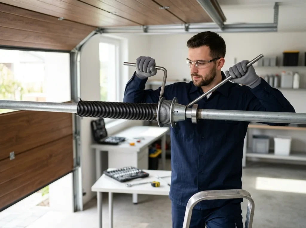 A technician winding a garage door torsion spring with two steel winding bars on the shaft above the door