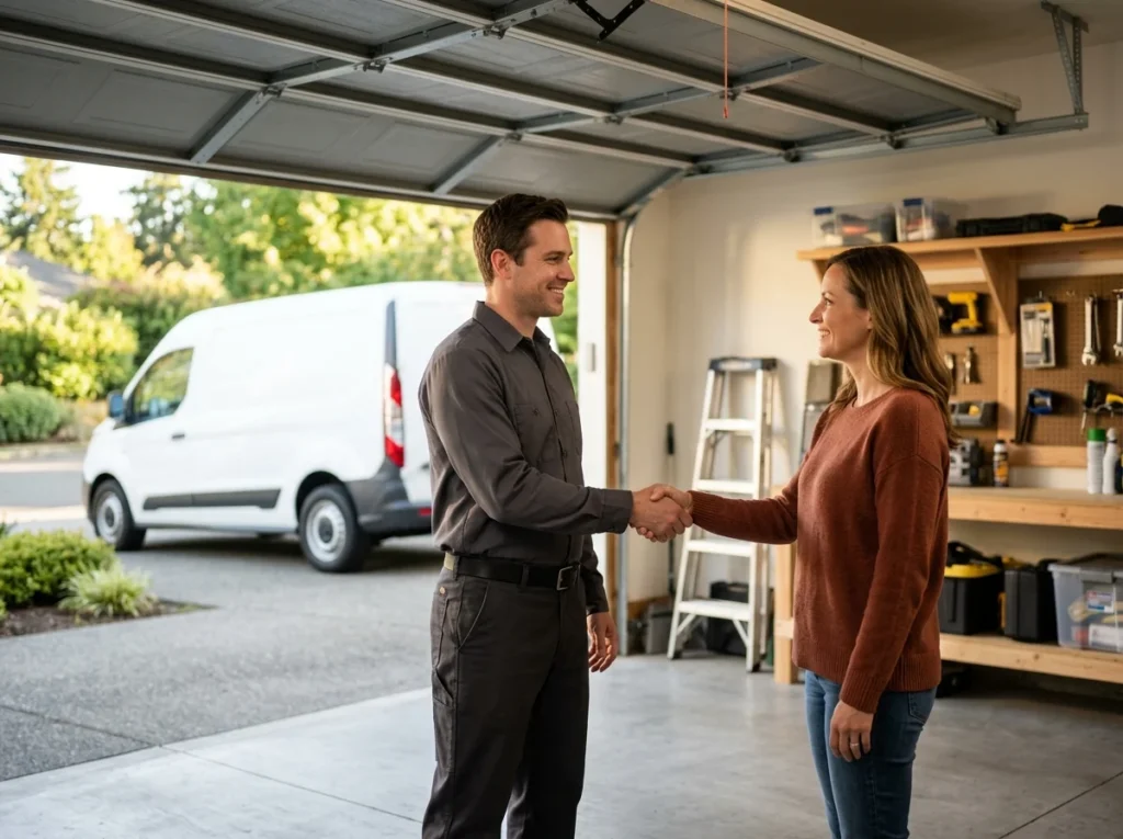 A technician and a homeowner shaking hands in an open garage, the sectional door raised behind them